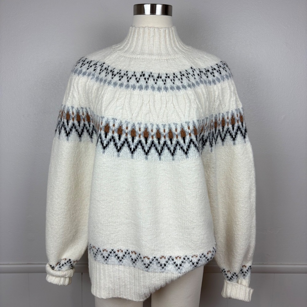Artelier Nicole Miller Fair Isle Sweater Cream Neutral High‎ Neck Size XL Cozy